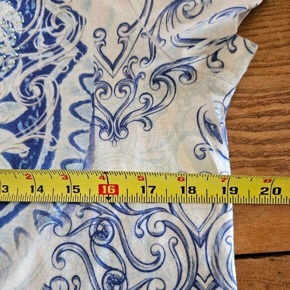 Style & Co Blue White Patterned Top Women’s XL | Sparkle Accents Short Sleeve - Picture 8 of 9